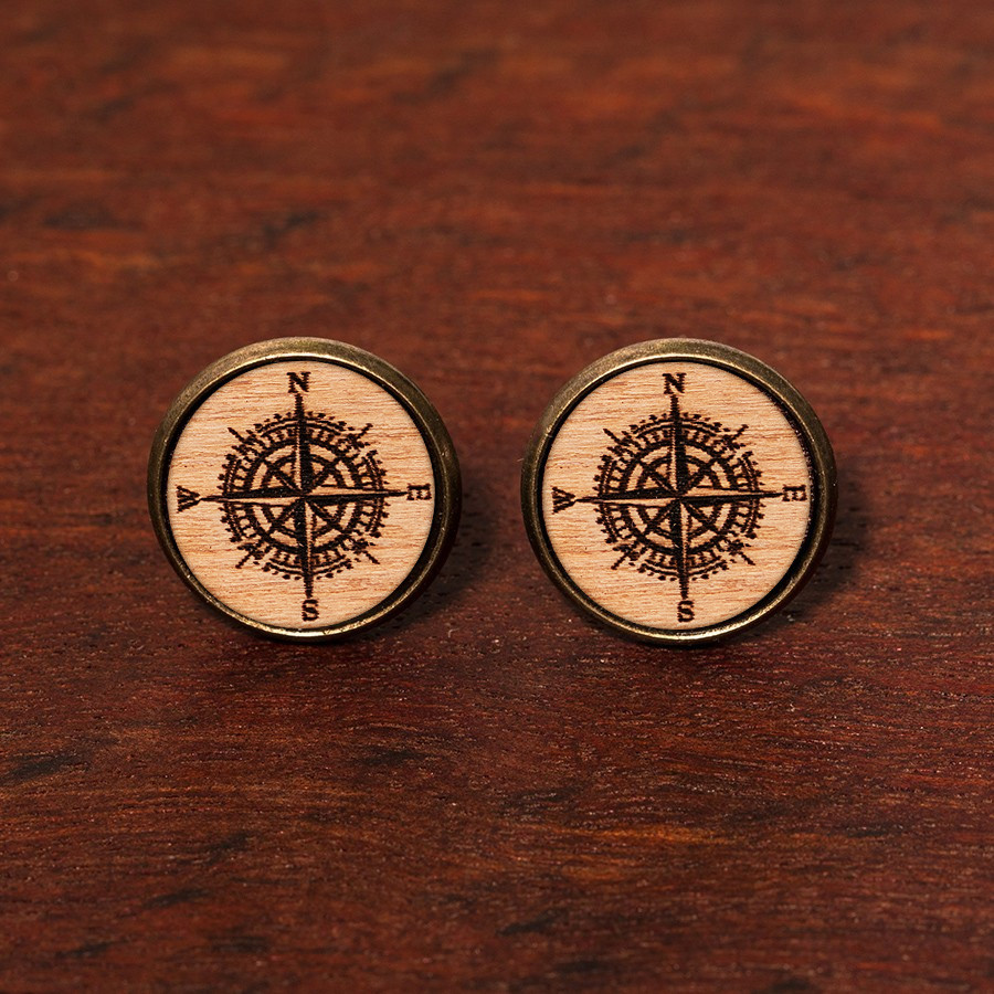 Kompass Ohrstecker Holzschmuck aus Naturholz / Anhänger