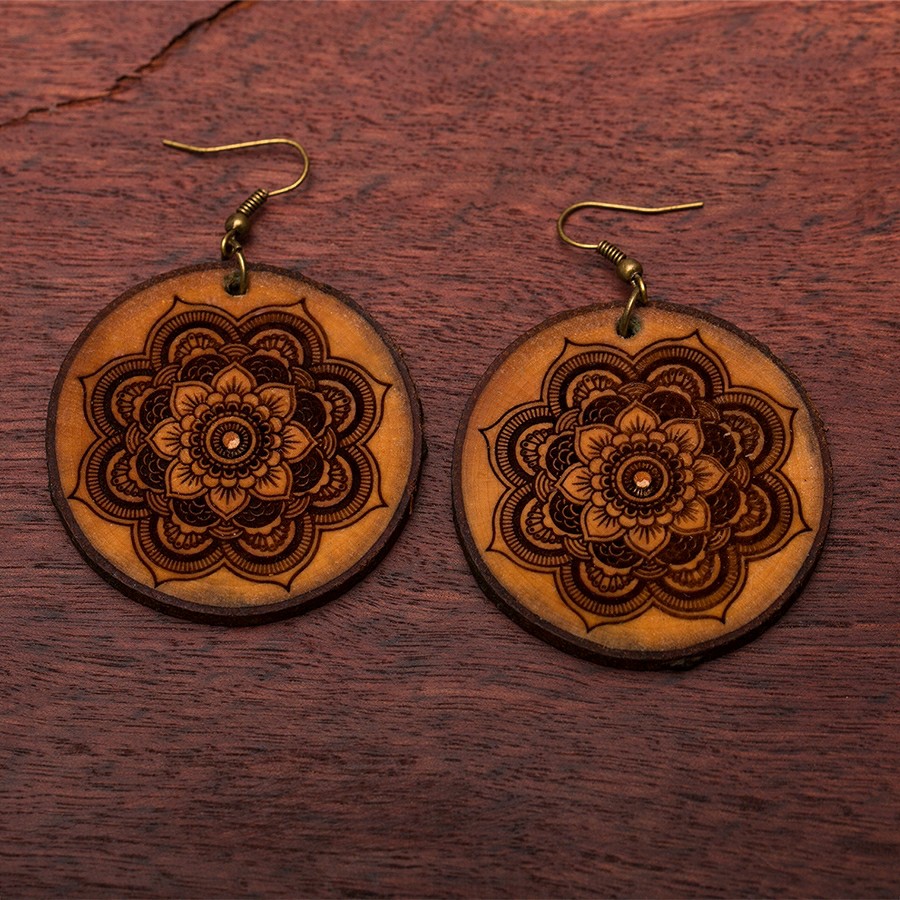 Mandala Blume Ohrringe Holzschmuck aus Naturholz / Anhänger